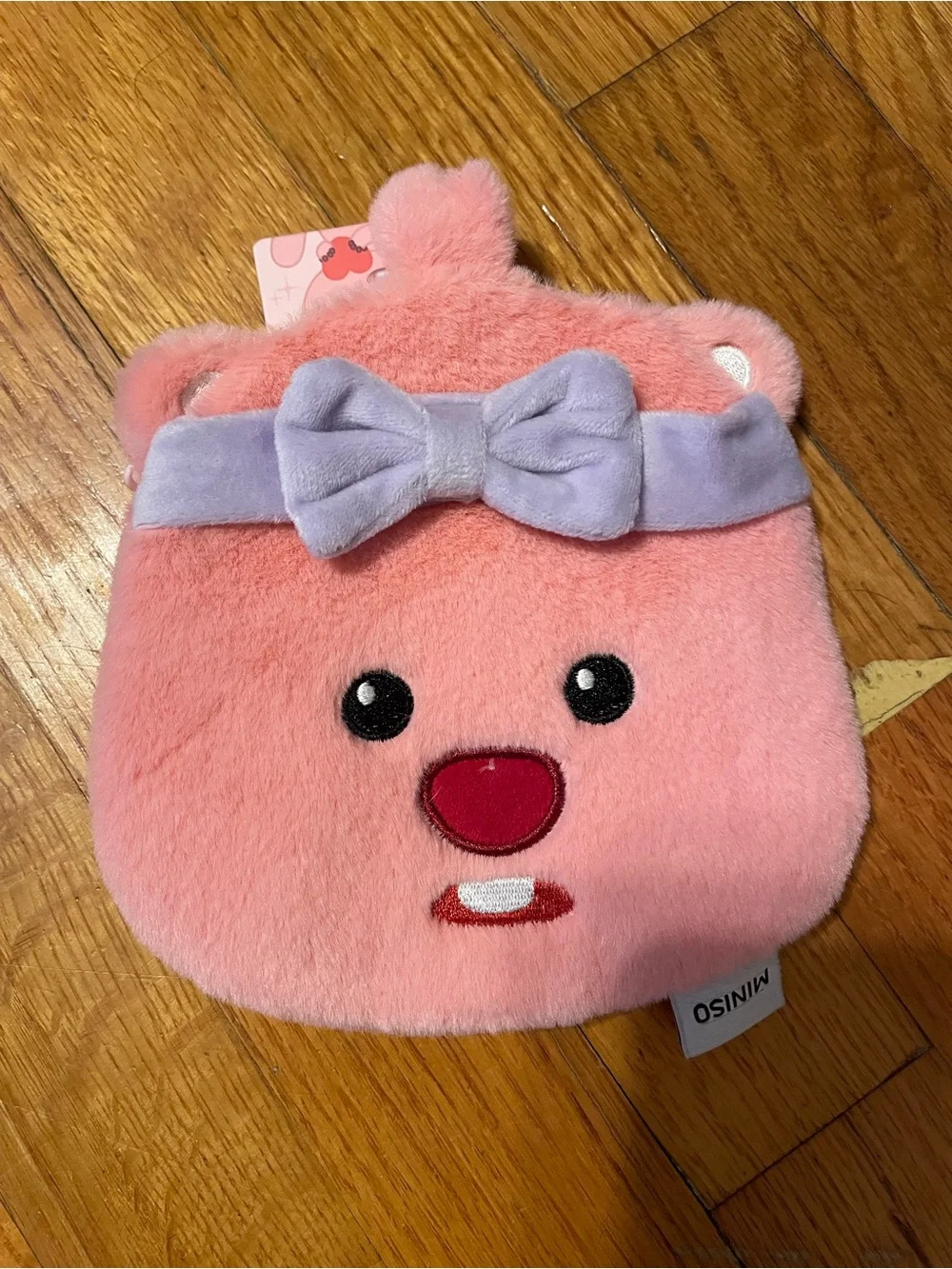 Kids Plush Pink Character Pouch with Lilac Bow